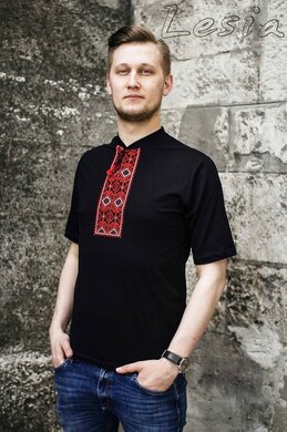 Футболка "Червона вишивка" к.р, чорний колір, вишитий комірець - фото книги